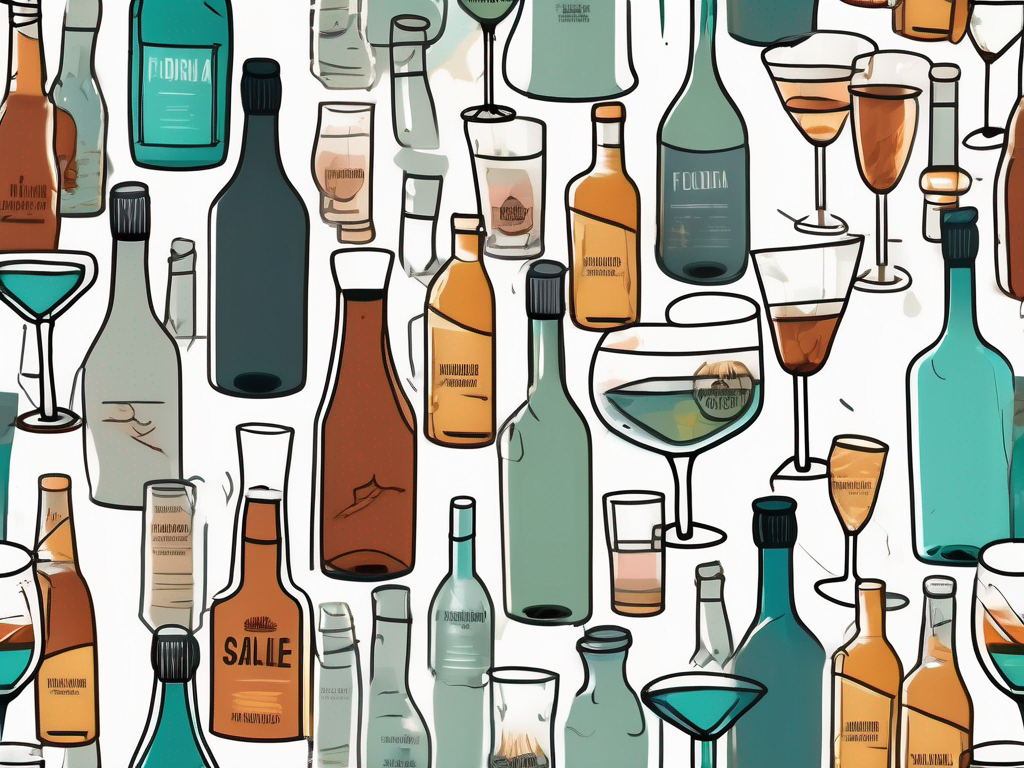 A map of florida with various types of alcohol bottles and glasses scattered around