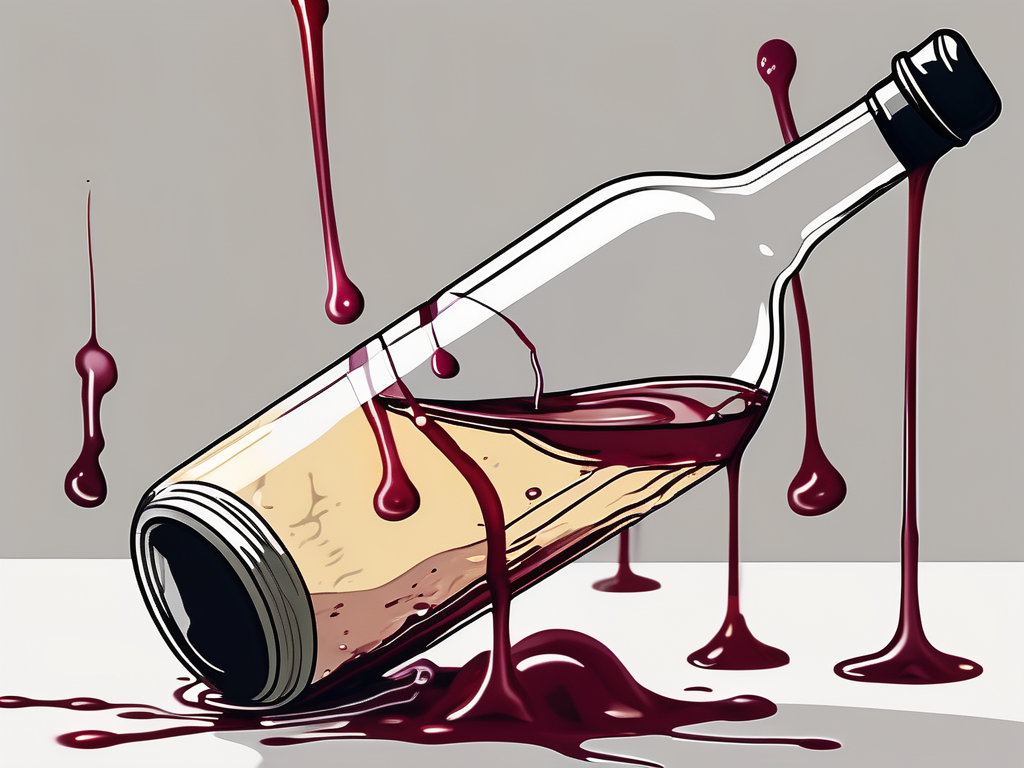 A wine bottle tipped over with liquid spilling out