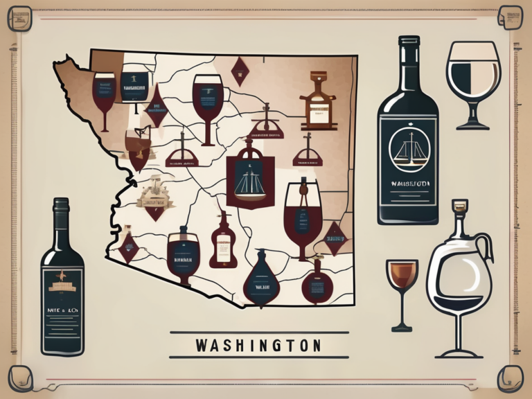 A map of washington state with symbolic icons representing various types of alcohol (wine bottle
