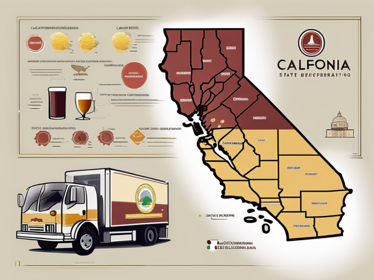 The california state map with symbolic representations of alcoholic beverages like beer