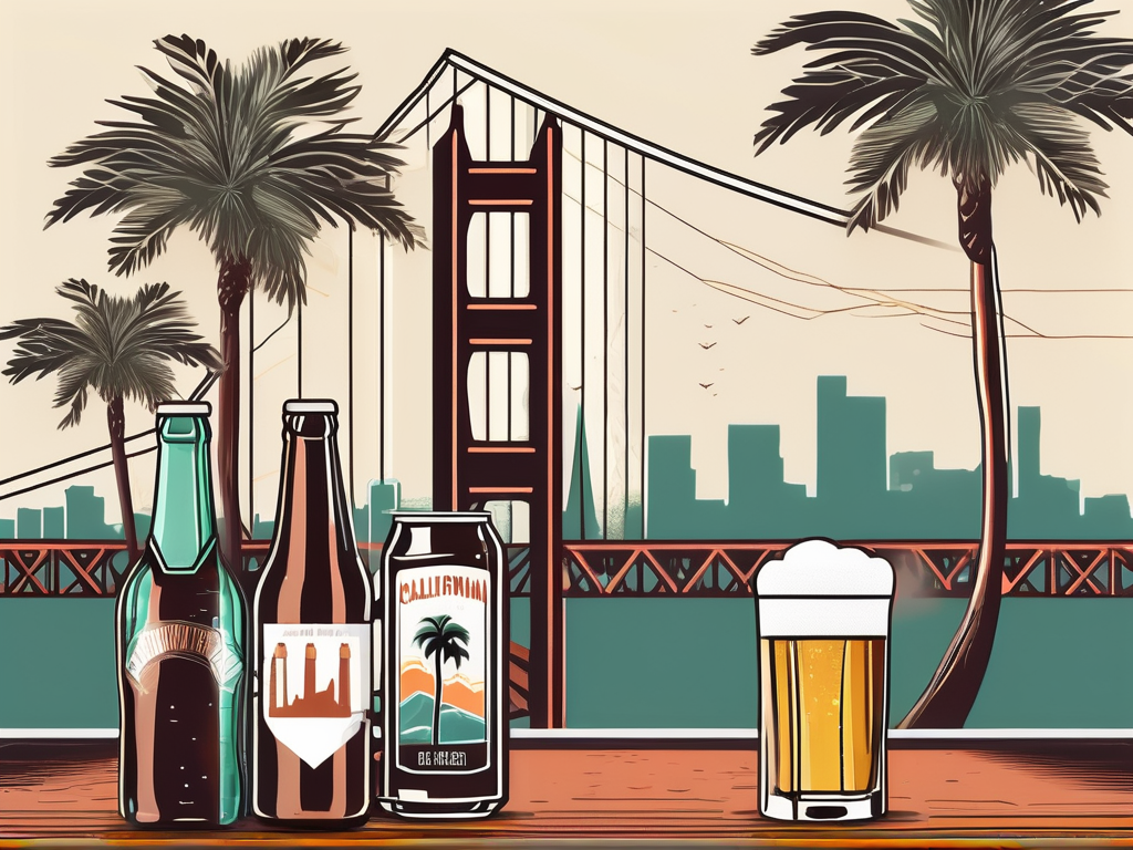 A scenic view of california with iconic landmarks like the golden gate bridge and palm trees